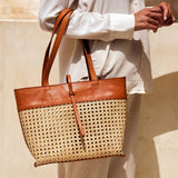 Rattan Cane Weave Tote with Leather Trim