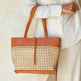 Rattan Cane Weave Tote with Leather Trim