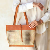 Rattan Cane Weave Tote with Leather Trim