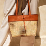Rattan Cane Weave Tote with Leather Trim