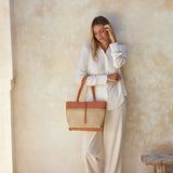 Rattan Cane Weave Tote with Leather Trim