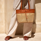 Rattan Cane Weave Tote with Leather Trim