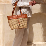 Rattan Cane Weave Tote with Leather Trim