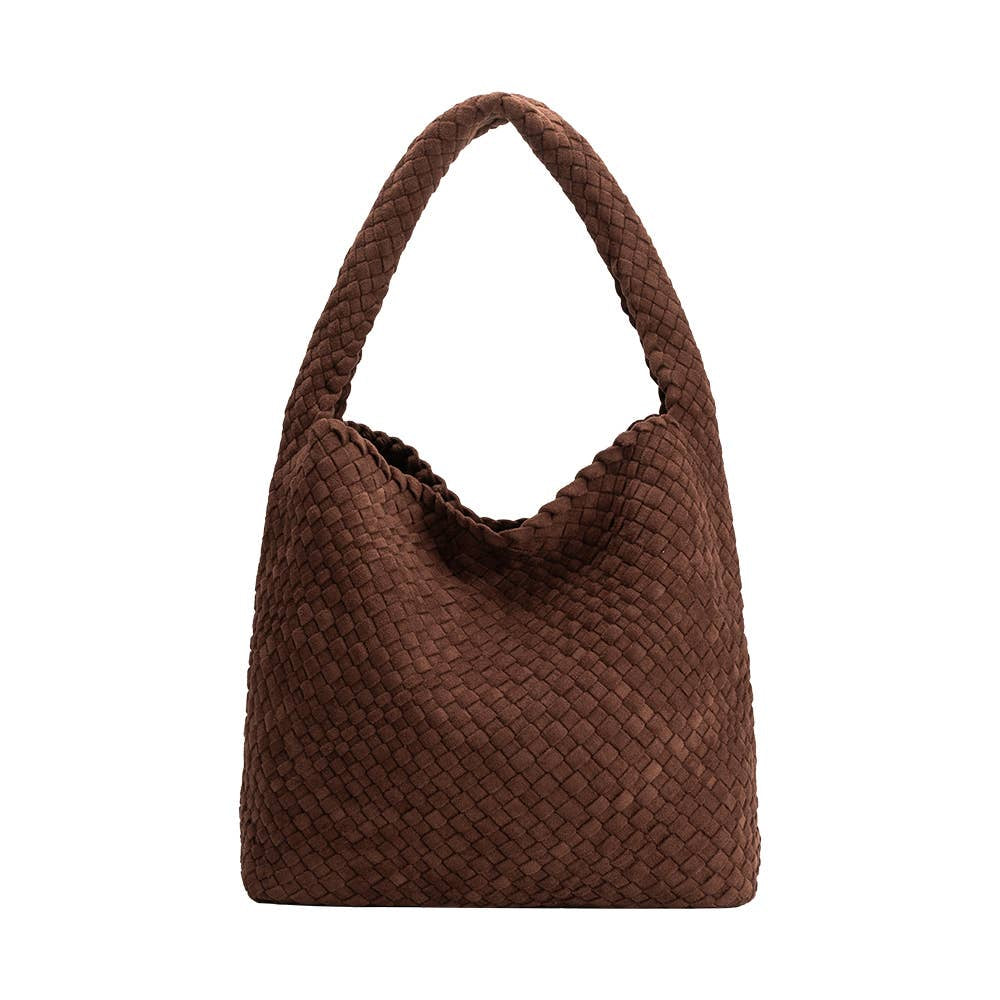 Brown woven handbag on a white background